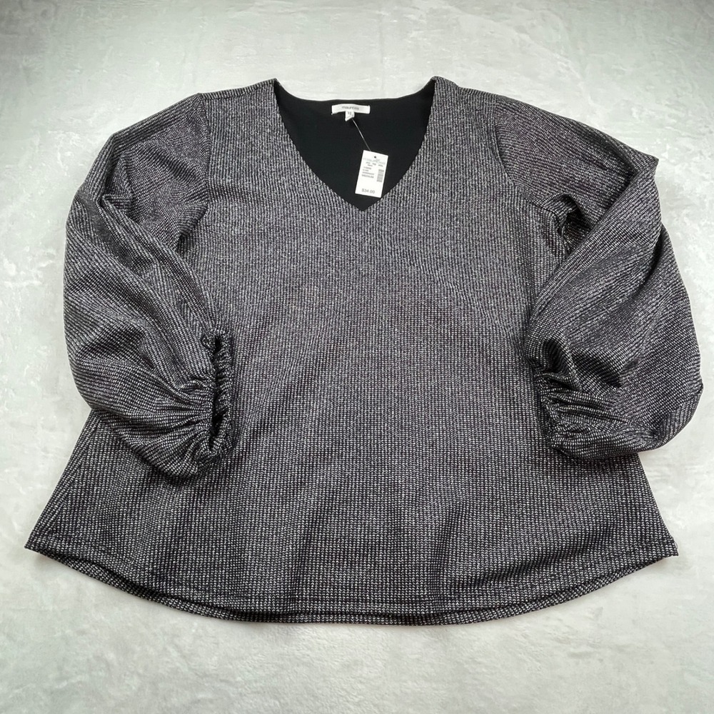 Maurices Womens Silver Black‎ Metallic V-Neck Balloon Sleeve Blouse Medium NWT